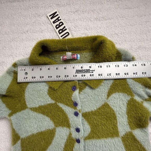 Urban Outfitters Womens Green Wavy Check Cropped Sweater Cardigan Small New $129 - Picture 6 of 8